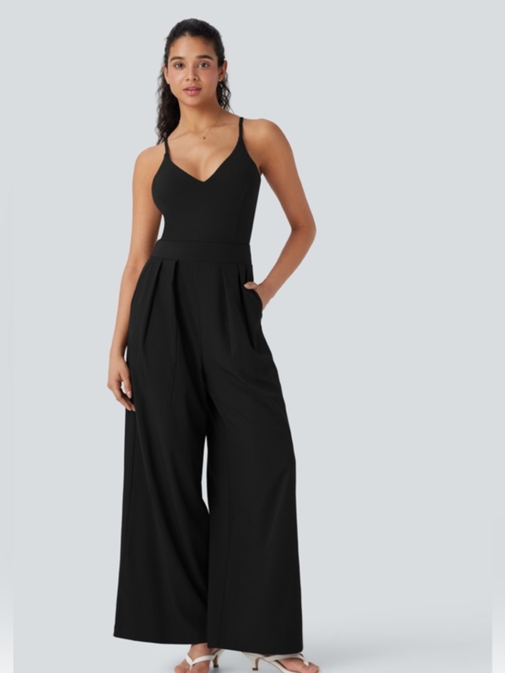 Halara Black Wide Leg Sleeveless Jumpsuit Pockets Stretch NWT Size M